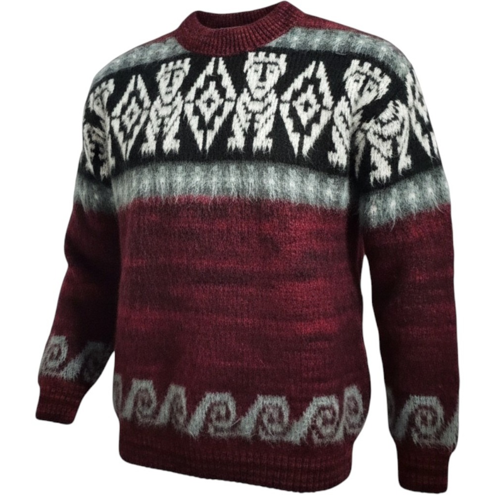 Artisan Wool Sweater Handmade‎ Ecuador Shaggy Knit Husky Dog Artesian Burgundy